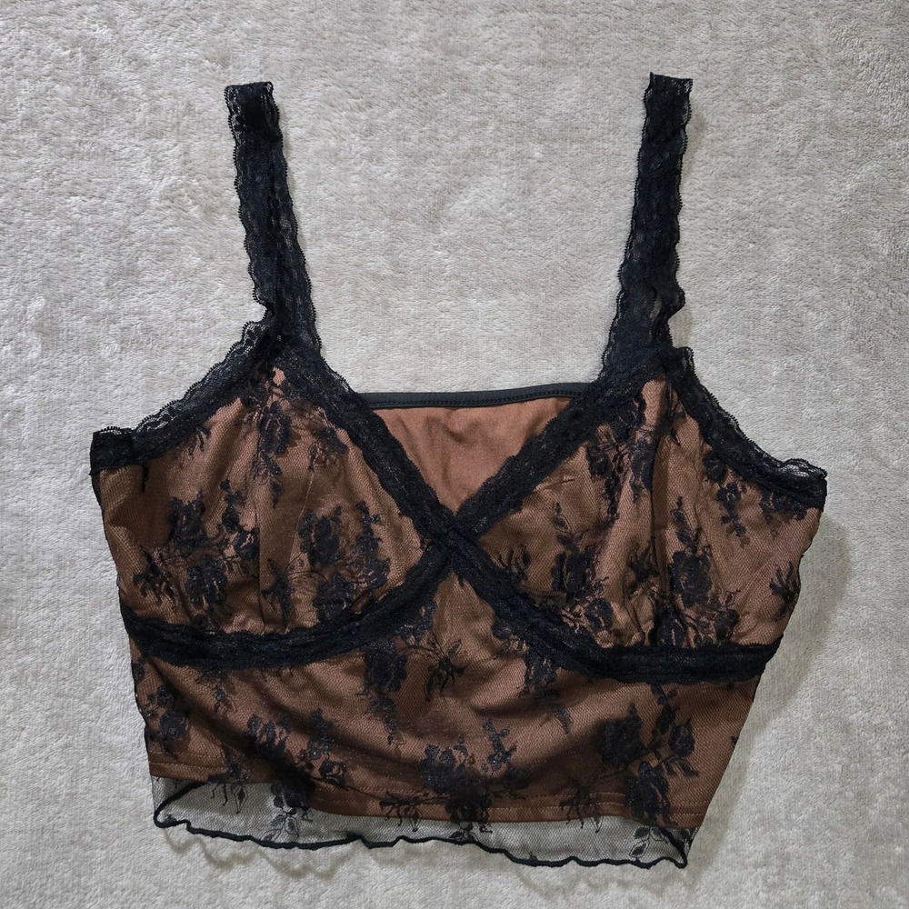 Romwe Camisole Top Large Brown Y2K Babydoll Dark Fairy Lace Layering Soft Grunge